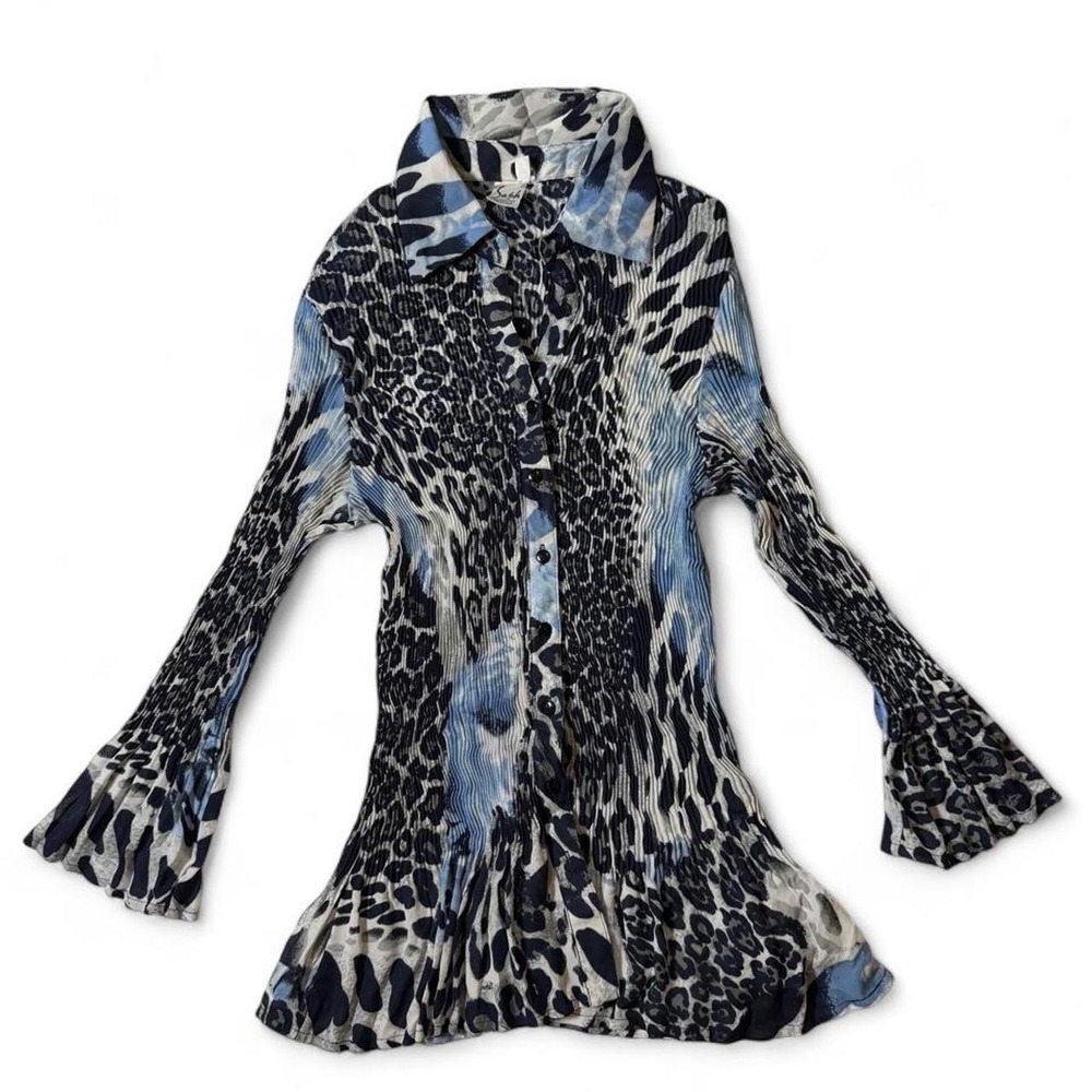 VTG Y2K Sash Blue Mixed Animal Leopard Print Plisse Flare Sleeve Blous